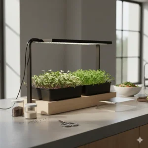 A compact microgreens growing kit with light sitting on a modern kitchen countertop for fresh daily garnishes.