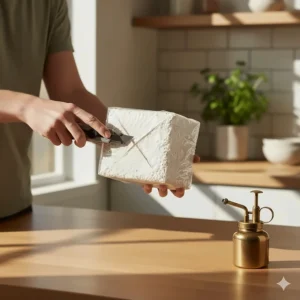 Hand using a utility knife to cut an X-shape in the plastic of a Lion's Mane grow kit.