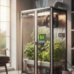 Digital controller and display panel used to monitor and maintain the precise climate within the automated grow cabinet.