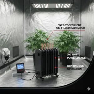 An energy-efficient 300-watt oil-filled radiator style grow tent heater, demonstrating low power usage for continuous operation.