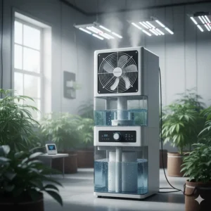 An evaporative humidifier specifically designed for use in a larger grow room environment.