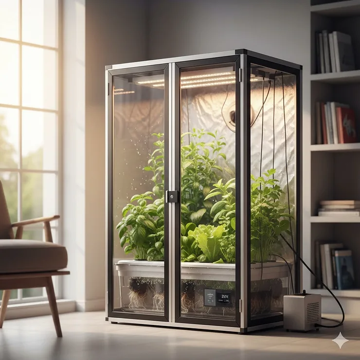 A fully equipped, compact grow cabinet with various herbs growing under LED lights, designed for indoor cultivation.