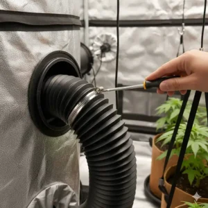 Semi-rigid flexible ducting securely attached to the exhaust port of the grow tent, leading air away from the growing environment.