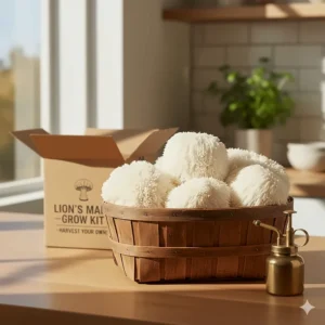 A basket of freshly harvested organic Lion's Mane mushrooms grown from an at-home kit.