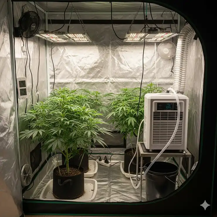 A fully functioning grow tent setup showing a portable air conditioner (AC) unit successfully cooling the environment and maintaining optimal temperature for healthy plant growth. grow tent ac