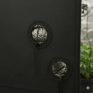 Visual representation of the dual-cinch intake and outlet ports on a grow tent for managing air ducts and electrical cords efficiently.