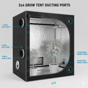 Illustration highlighting the various sizes of adjustable ducting ports on a 2x4 grow tent.