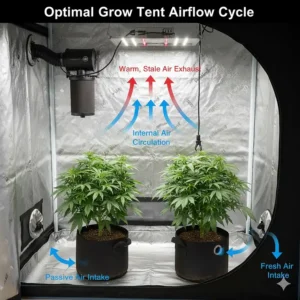 Simple diagram illustrating the proper air flow cycle created by the grow tent fan system, moving fresh air in and stale, hot air out.