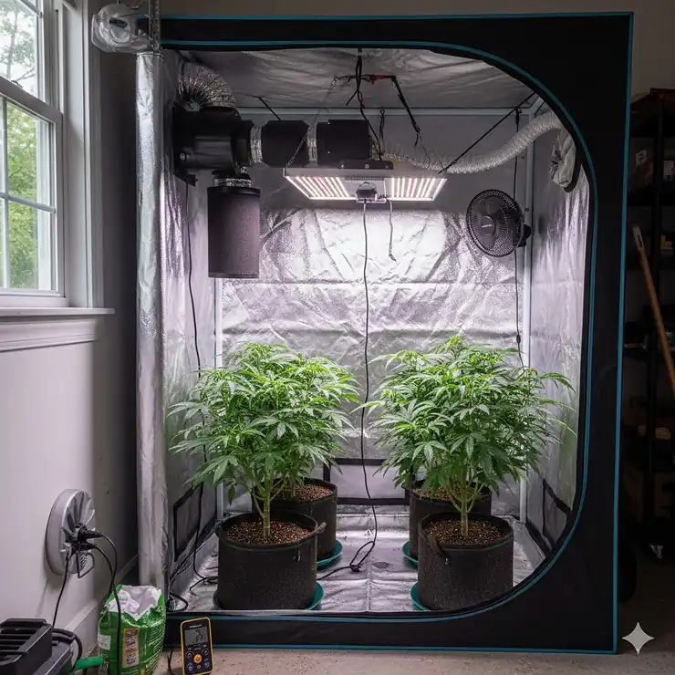 Featured image of an efficient grow tent setup showing the placement of the inline extraction fan for optimal airflow and climate control. grow tent fan