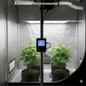 Digital environmental controller used to automatically adjust the speed and performance of the grow tent fan based on temperature and humidity settings.