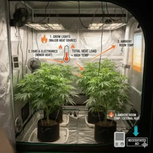 Diagram illustrating the key sources of heat load inside a grow tent, including lights, fans, and external room temperature, which necessitate the use of an AC unit.