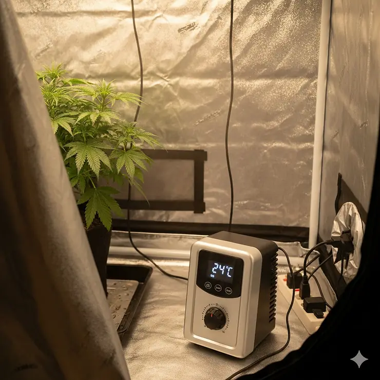 A compact, safe grow tent heater with an adjustable thermostat, perfectly placed to maintain optimal temperatures for young cannabis plants.