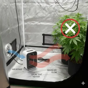 Proper placement of a small, fan-assisted grow tent heater near the air intake to ensure even heat distribution away from the canopy.