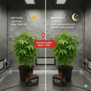 A diagram illustrating how a grow tent heater raises the night cycle temperature to prevent cold shock for tropical plants.
