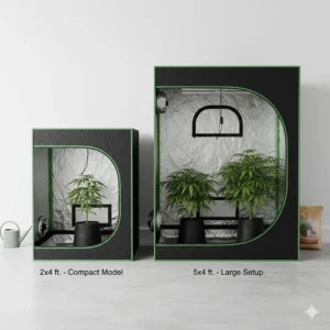 Side-by-side comparison of different grow tent sizes, such as a compact 2x4 foot model and a large 5x5 foot setup, to help users choose.