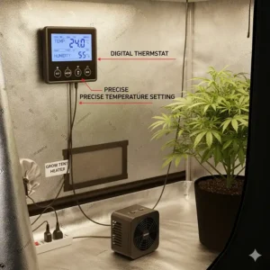 A digital thermostat and humidity controller connected to a grow tent heater, showing the precise temperature setting.