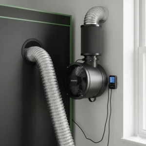 Diagram or photo showing the proper setup of a ventilation system, including an exhaust fan and carbon filter, crucial for a high-quality grow tent.