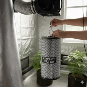 Image showing the use of sturdy ratchet rope hangers to securely mount the heavy carbon filter near the top of a large grow tent.