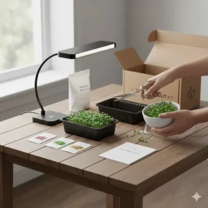 Using kitchen shears to harvest mature microgreens from an indoor growing kit at the base of the stems.