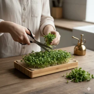 Using kitchen shears to harvest mature microgreens from a tray, showing the yield of a high-quality growing kit.
