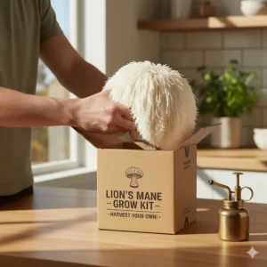 Someone gently twisting and pulling a mature Lion's Mane mushroom from the grow kit.