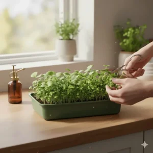 Using kitchen shears to harvest fresh radish sprouts from a microgreens growing kit for beginners.