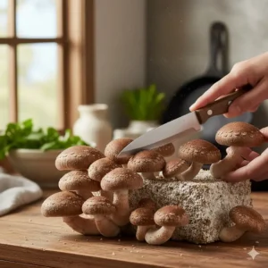 A person using a sharp knife to cleanly harvest fresh shiitake mushrooms from an indoor growing kit.