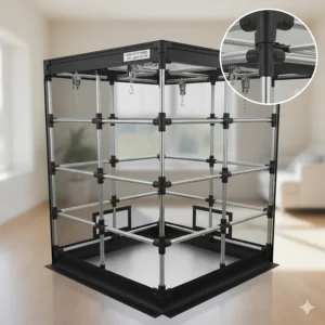 Detailed view of the metal poles and corner connectors, showcasing the heavy-duty frame of the 5x5 grow tent for secure equipment hanging.