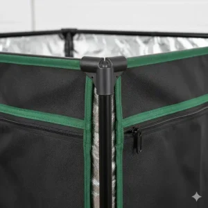 Detail shot of a heavy-duty metal frame and robust, light-proof zipper, highlighting the durability of a best grow tent option.