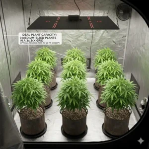 An example of the ideal number of plants to grow in a 5x5 grow tent, typically 6 to 9 medium-sized pots spaced evenly.