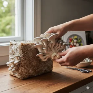 Hands gently twisting a cluster of mature oyster mushrooms off the growing substrate.