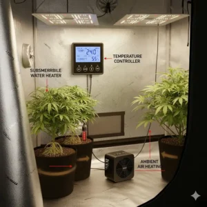 A complete hydroponic setup inside a tent, showing a waterproof submersible heater paired with an external grow tent heater for comprehensive temperature management.