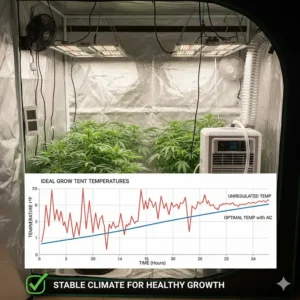 Graph illustrating the difference between unregulated temperature and stable, optimal temperatures maintained with a functioning grow tent AC system.