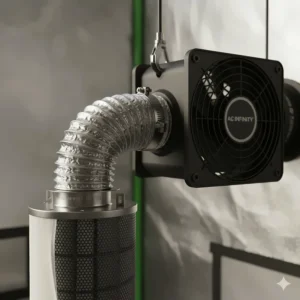 Close-up image of the connection point between a powerful inline fan and the flange of the grow tent carbon filter.