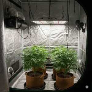 Interior shot of a fully equipped 5x5 grow tent showing an exhaust fan, carbon filter, LED grow light, and multiple plants in fabric pots.
