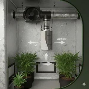 Step-by-step diagram showing the correct method for installing a carbon filter in a grow tent, connected to an inline fan and ducting.