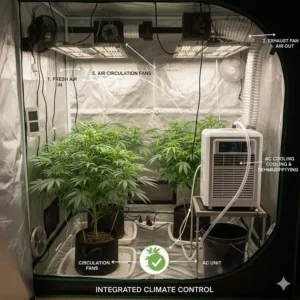 Schematic showing how a grow tent AC integrates with other environmental control systems like exhaust fans and carbon filters for comprehensive climate control.