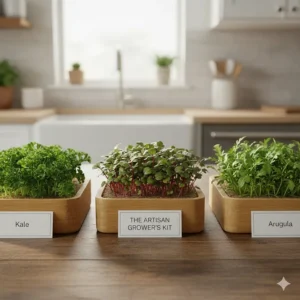 A side-by-side comparison of kale, radish, and arugula sprouts grown using the best microgreen growing kit.