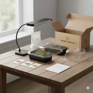 Microgreen seeds beginning to sprout under a humidity dome before being exposed to the grow light.