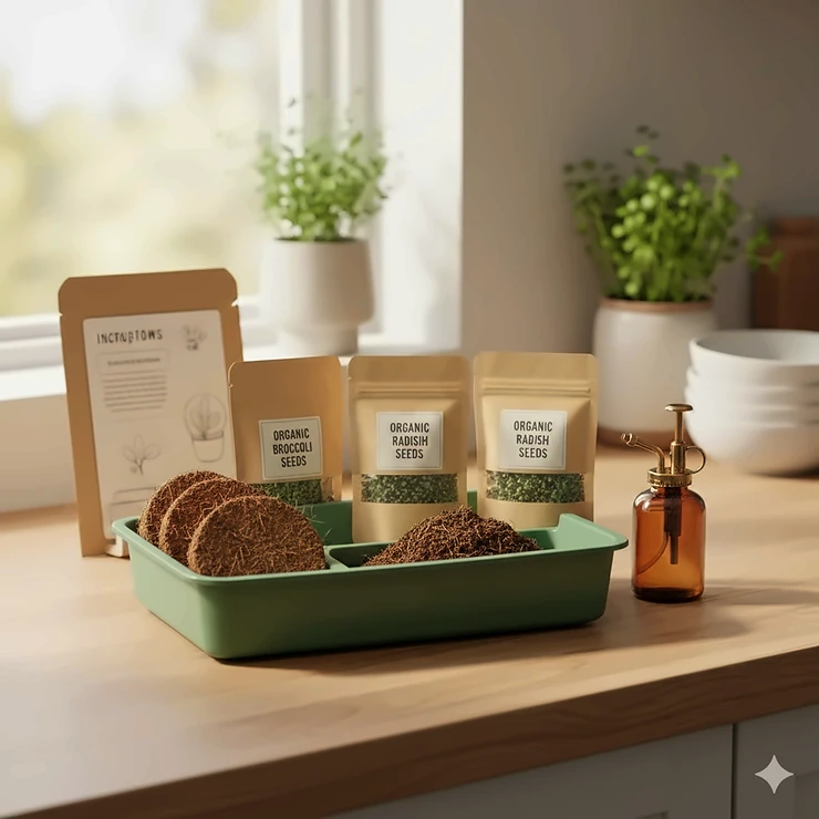 A complete microgreens growing kit for beginners featuring organic seeds, coconut coir soil, and a reusable tray on a kitchen counter.