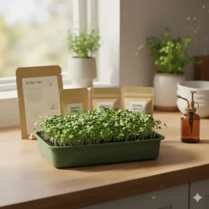Vibrant green sprouts emerging from a microgreens growing kit for beginners after five days of growth.