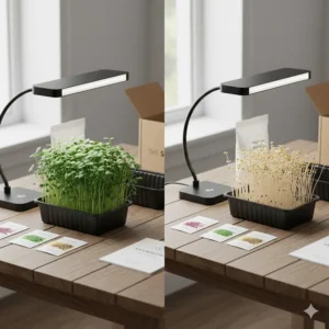 A side-by-side comparison showing the vibrant growth of microgreens using a dedicated LED light versus natural light.