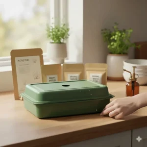 A microgreens growing kit for beginners covered with a lid to encourage seed germination in the dark.