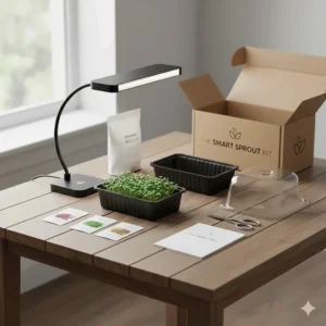 Components of an all-in-one microgreens growing kit including trays, LED light, and organic seeds.