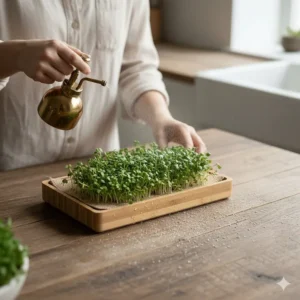 A spray bottle misting fresh water over young microgreens to demonstrate easy maintenance with a growing kit.