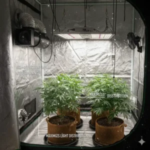 Shot emphasizing the high-reflectivity Mylar interior lining of the 5x5 grow tent, designed to maximize light distribution to the plants.