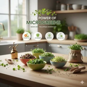 An infographic illustrating the vitamins and minerals found in crops grown with the best microgreen growing kit.