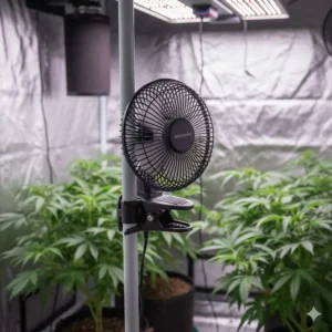 Small oscillating clip-on fan attached to a vertical pole, used for internal air circulation and strengthening plants within the grow tent.