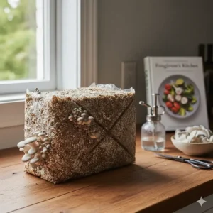 Close-up illustration of tiny mushroom pins beginning to sprout from the grow kit surface.