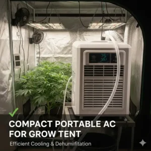 Close-up of a compact portable AC unit designed for efficient cooling and dehumidification in a home grow tent application.